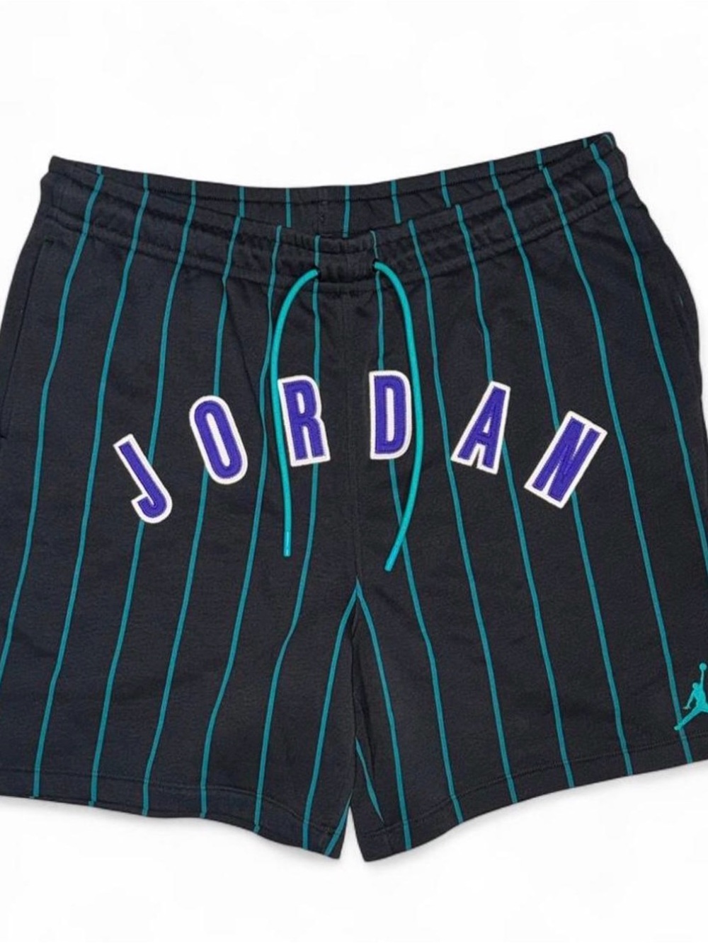 Jordan Men’s Black Shorts with Teal Pinstripes and Purple Lettering